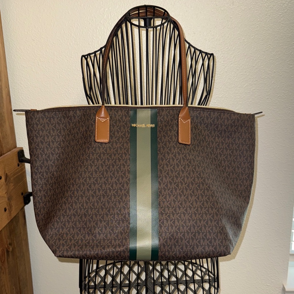 Michael Kors Signature Brown Tote with Green Stripes